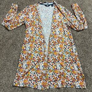 Lands' End open-front long cardigan yellow, pink, white floral print small (6-8)